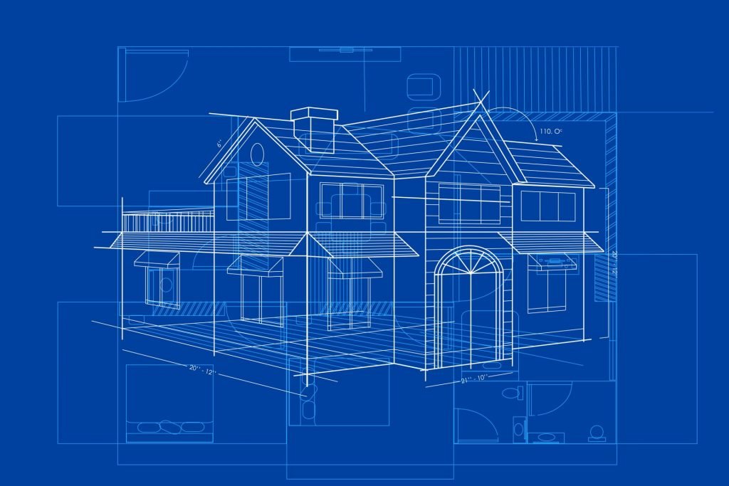 A blue print of a home overlaid with a white-line drawing of the home from the front.