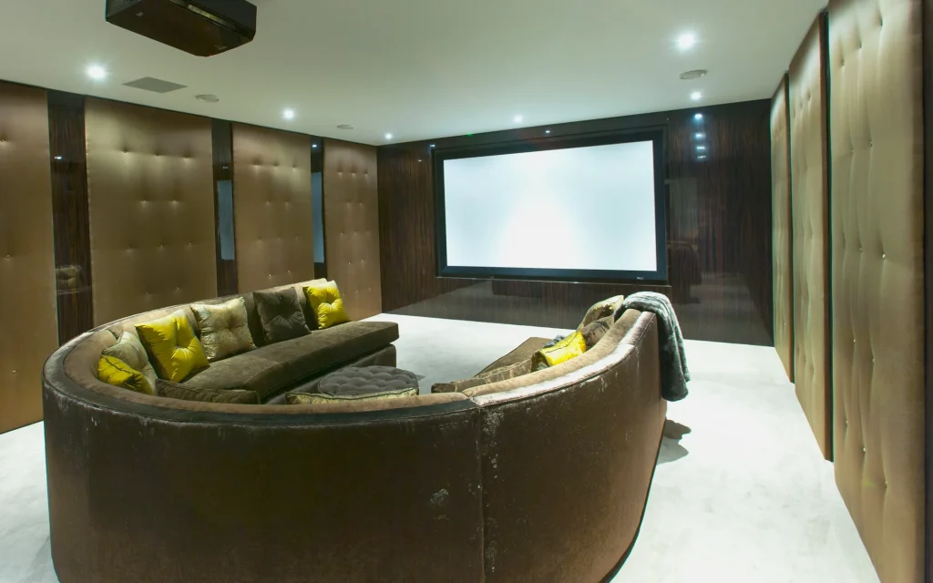 The leather-panelled home cinema in Aspire private commission, Kings Oak.